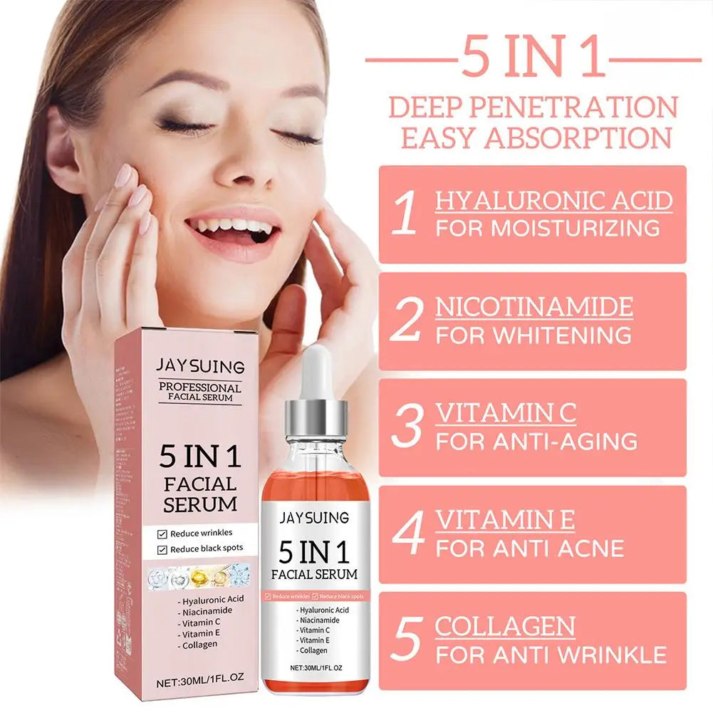 Sérum Visage 5 en 1 — Vitamine C, Acide Hyaluronique & Collagène