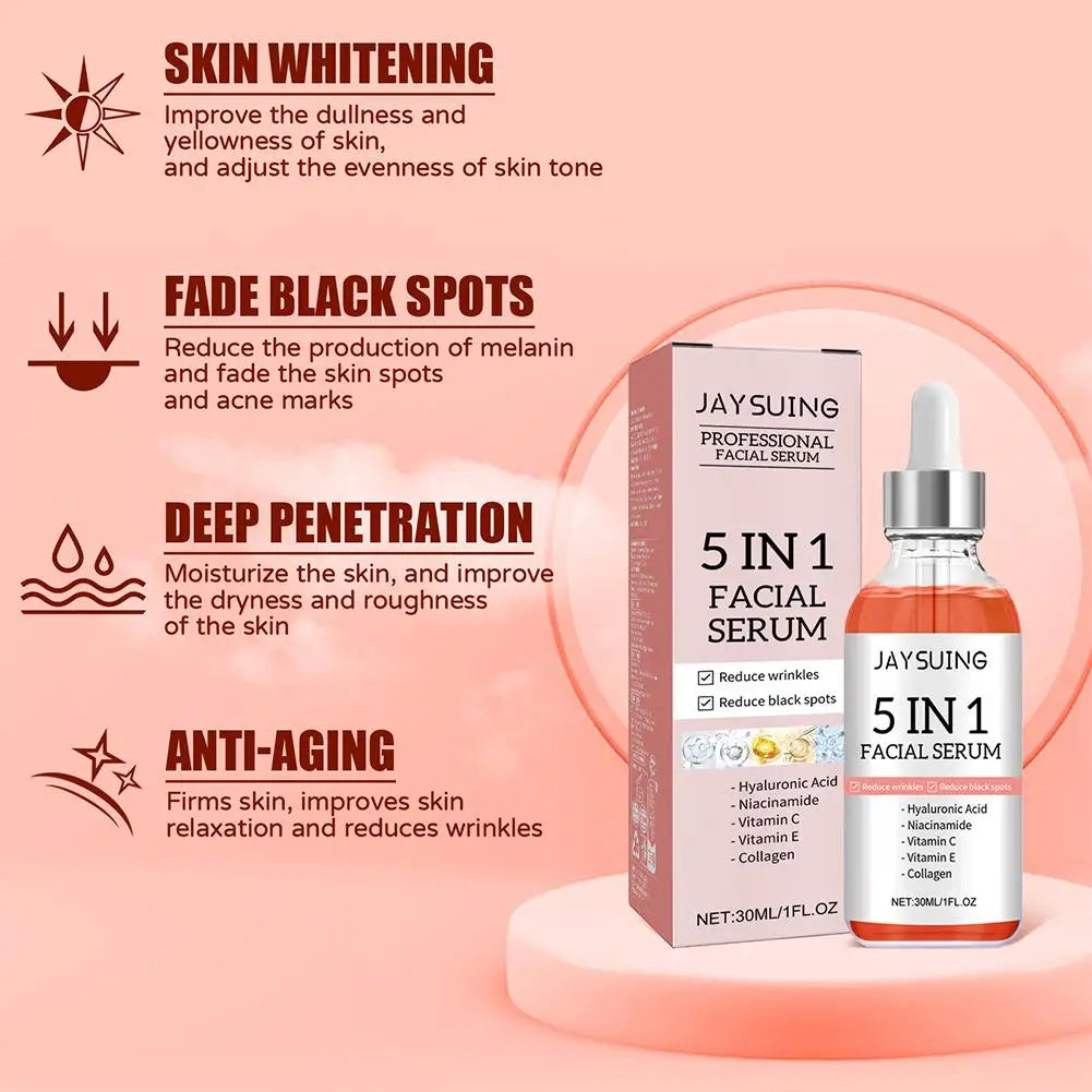 Sérum Visage 5 en 1 — Vitamine C, Acide Hyaluronique & Collagène