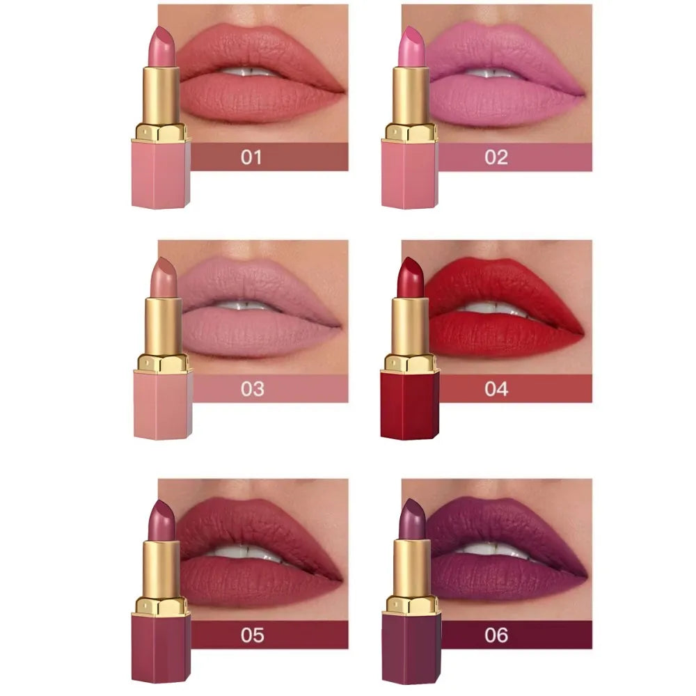 Palette 6 Rouges à Lèvres Mats — Longue Tenue, Fini Velours